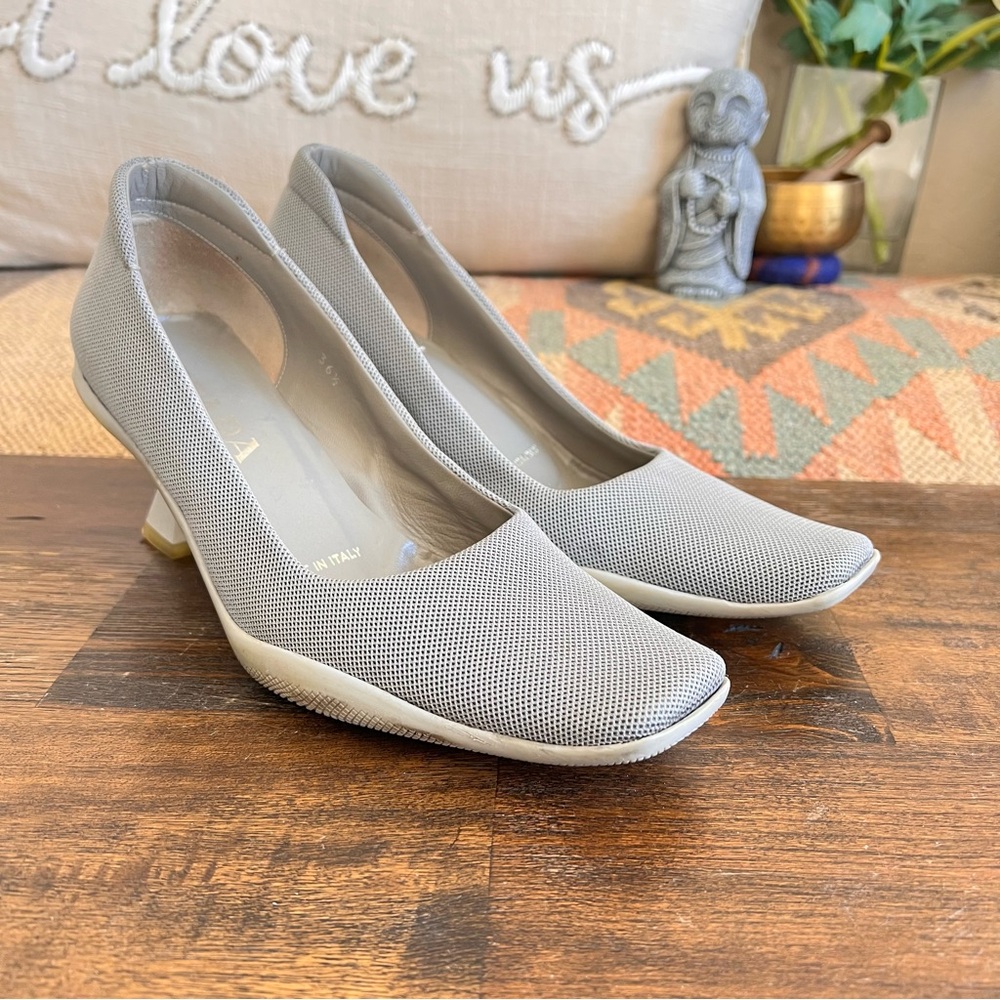 Prada Gray Tech Mesh Fabric Square Toe Kitten Heels 36.5